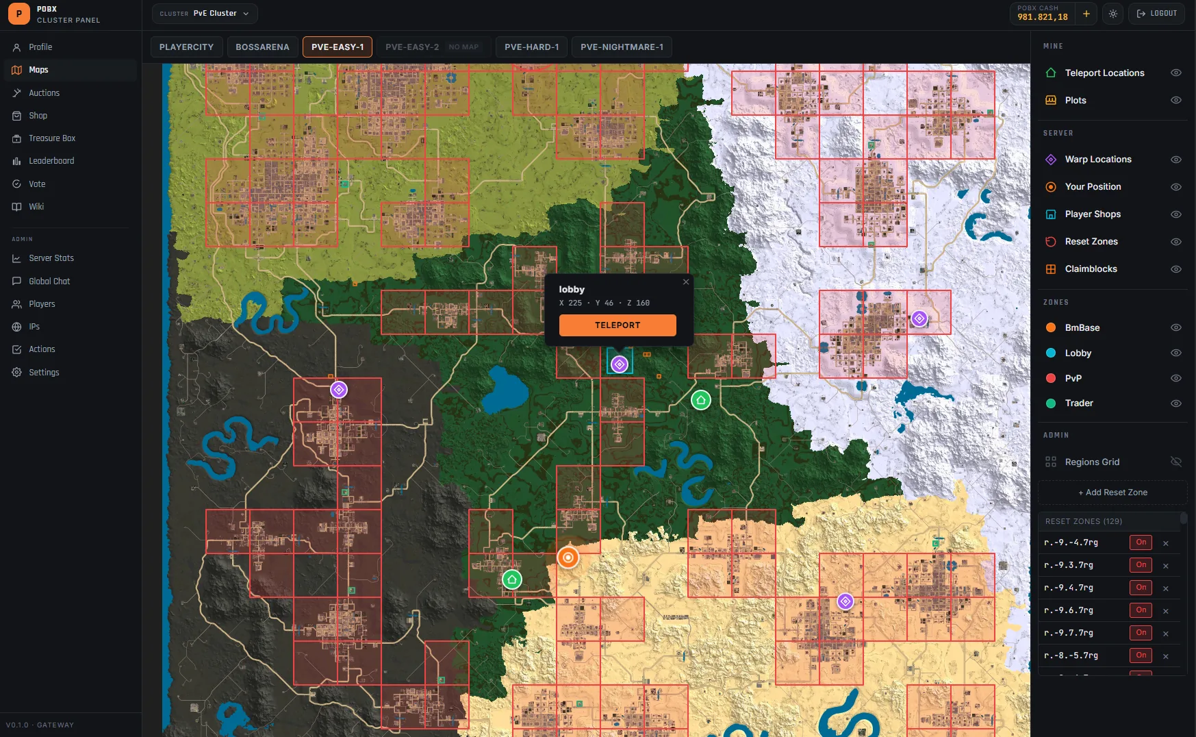 PoBx web app - live 7 Days to Die cluster map with teleport locations, player shops and zones